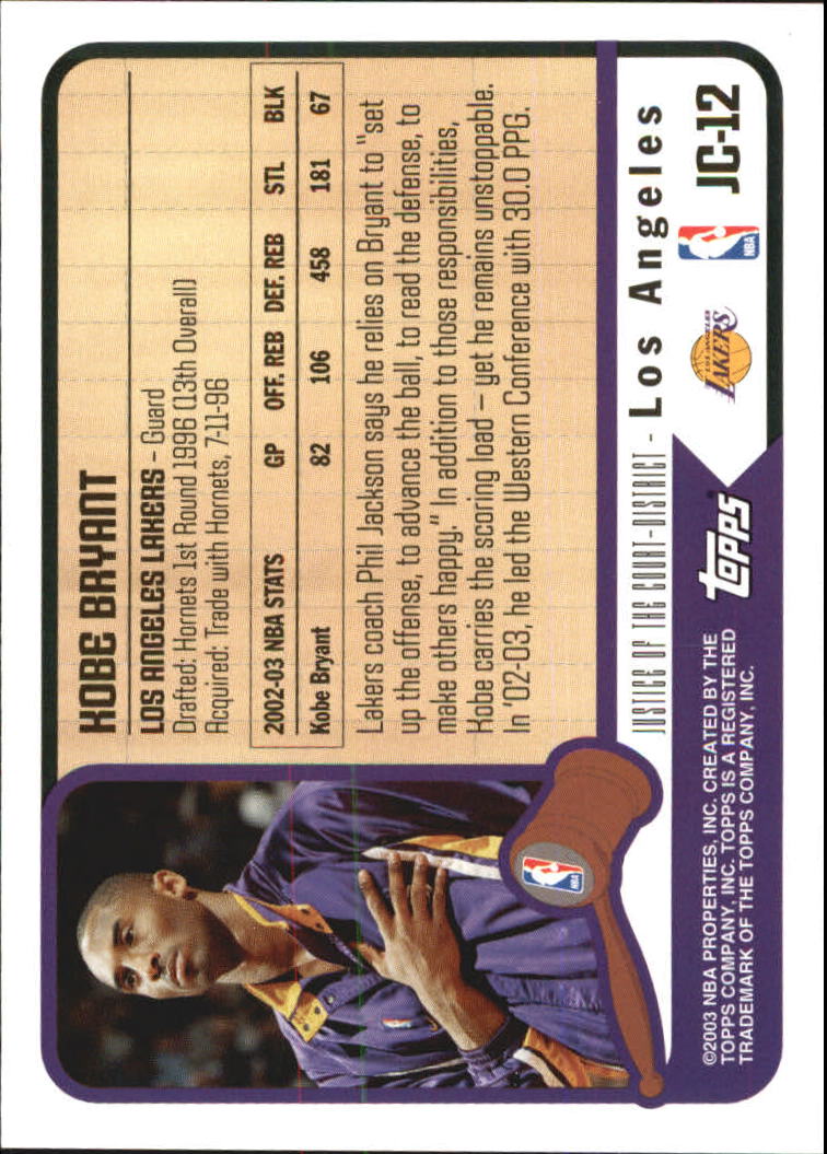 2003-04 Topps Justice of the Court #JC12 Kobe Bryant back image