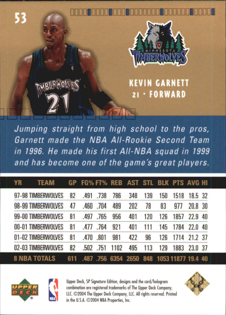 2003-04 SP Signature Edition Gold #53 Kevin Garnett back image