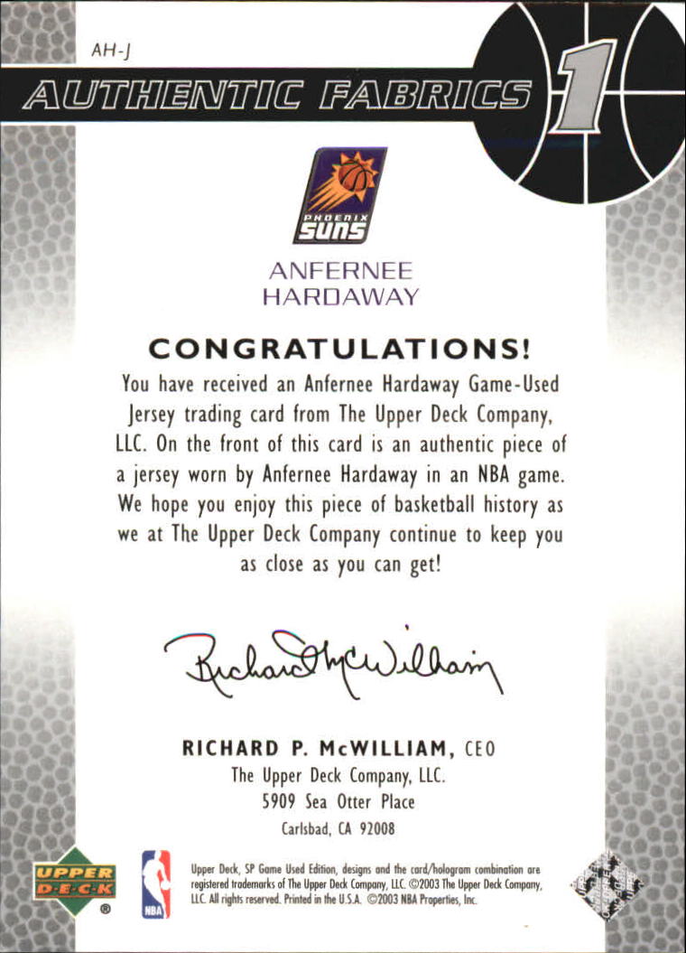 2003-04 SP Game Used Authentic Fabrics #AHJ Anfernee Hardaway back image