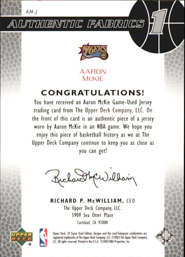 2003-04 SP Game Used Authentic Fabrics #AMJ Aaron McKie back image