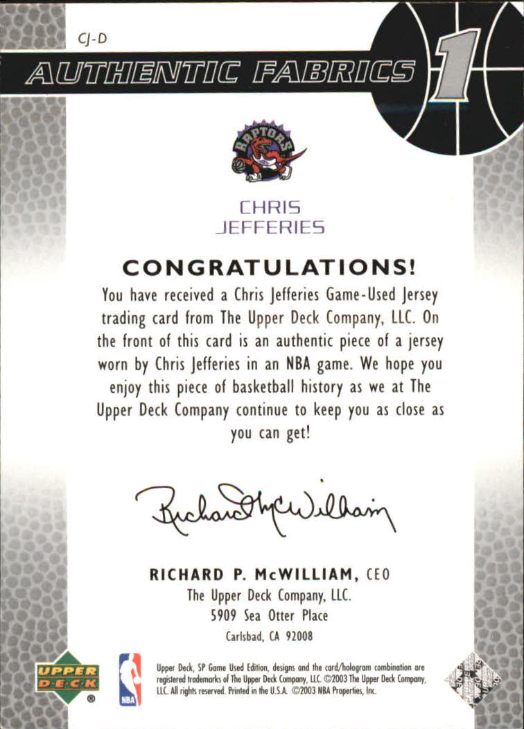 2003-04 SP Game Used Authentic Fabrics #CJD Chris Jefferies back image