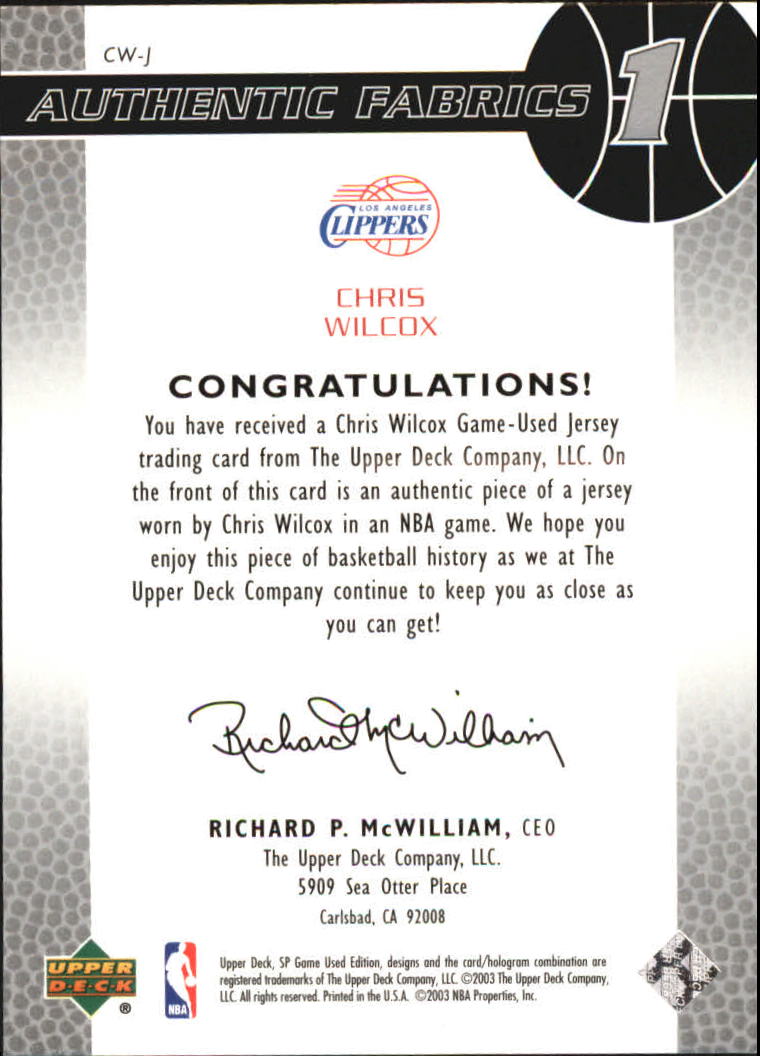 2003-04 SP Game Used Authentic Fabrics #CWJ Chris Wilcox back image