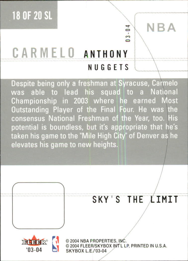2003-04 SkyBox LE Sky's the Limit #18 Carmelo Anthony back image