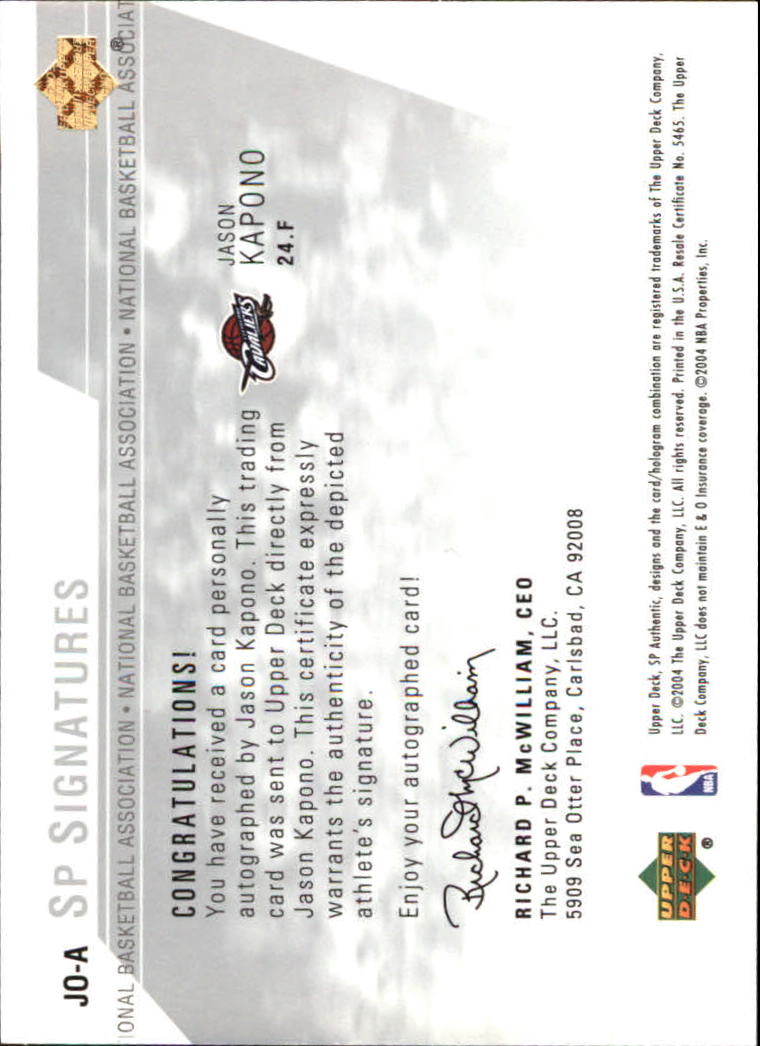 2003-04 SP Authentic Signatures #JOA Jason Kapono back image