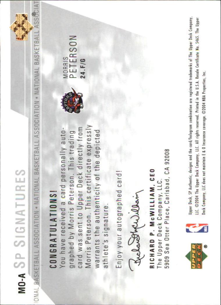 2003-04 SP Authentic Signatures #MOA Morris Peterson back image