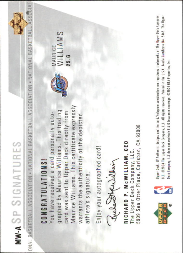2003-04 SP Authentic Signatures #MWA Maurice Williams back image