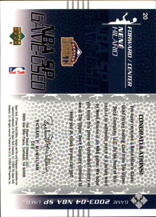 2003-04 SP Game Used #20 Nene Hilario JSY back image