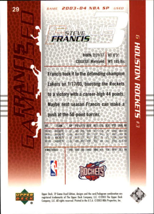 2003-04 SP Game Used #29 Steve Francis back image