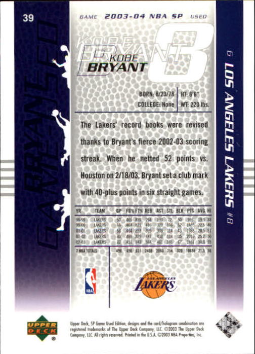 2003-04 SP Game Used #39 Kobe Bryant back image