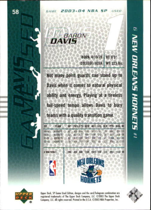 2003-04 SP Game Used #58 Baron Davis back image
