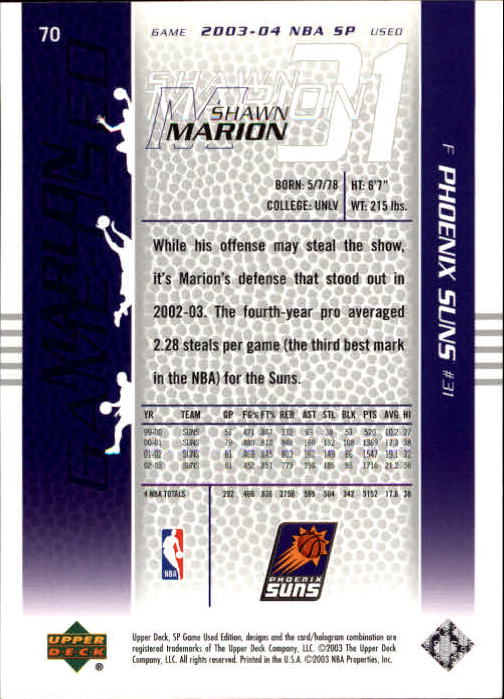2003-04 SP Game Used #70 Shawn Marion back image