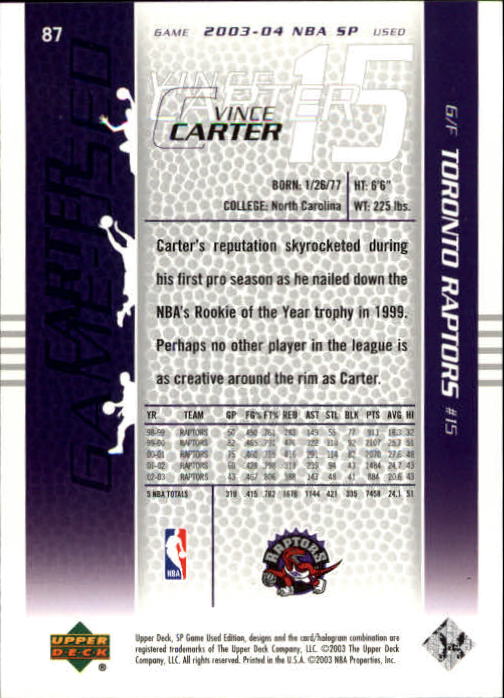 2003-04 SP Game Used #87 Vince Carter back image