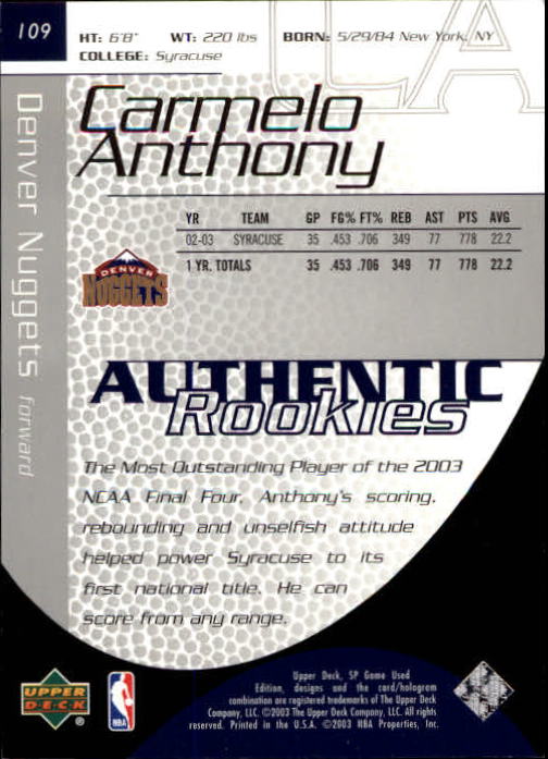 2003-04 SP Game Used #109 Carmelo Anthony RC back image