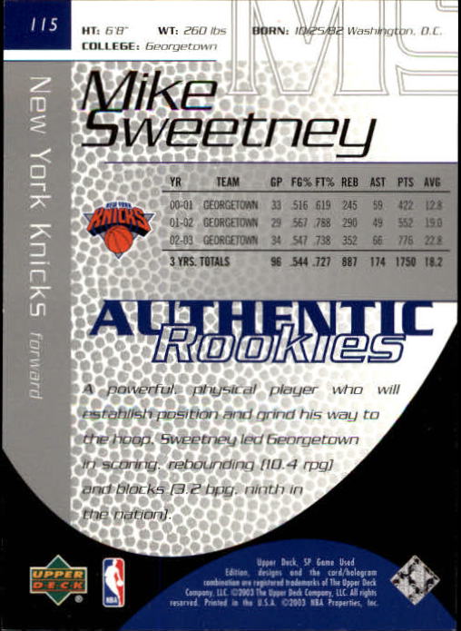 2003-04 SP Game Used #115 Mike Sweetney RC back image