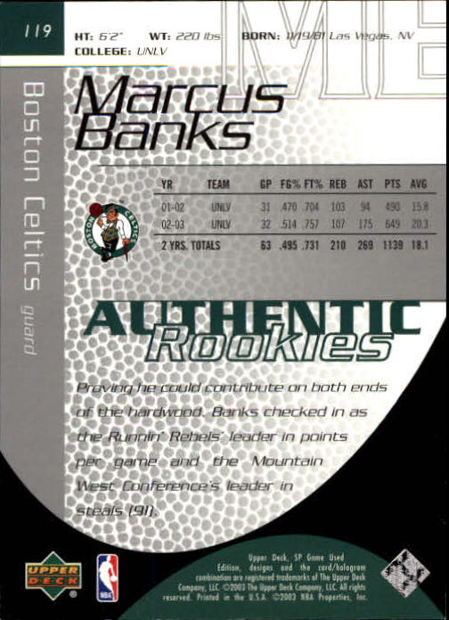 2003-04 SP Game Used #119 Marcus Banks RC back image