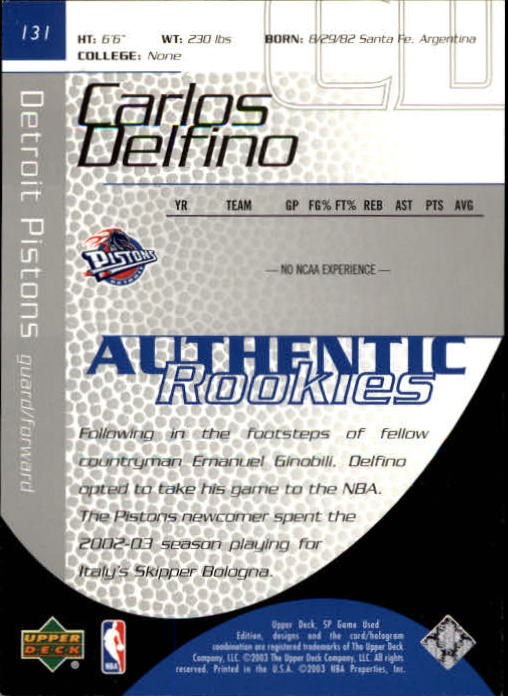 2003-04 SP Game Used #131 Carlos Delfino RC back image