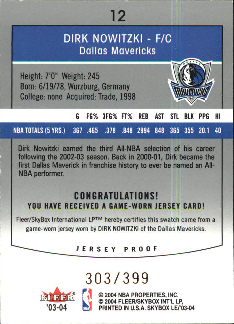 2003-04 SkyBox LE Jersey Proofs #12 Dirk Nowitzki back image