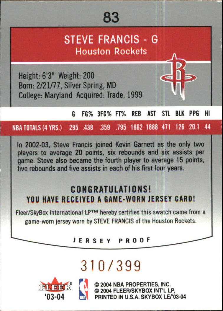 2003-04 SkyBox LE Jersey Proofs #83 Steve Francis back image