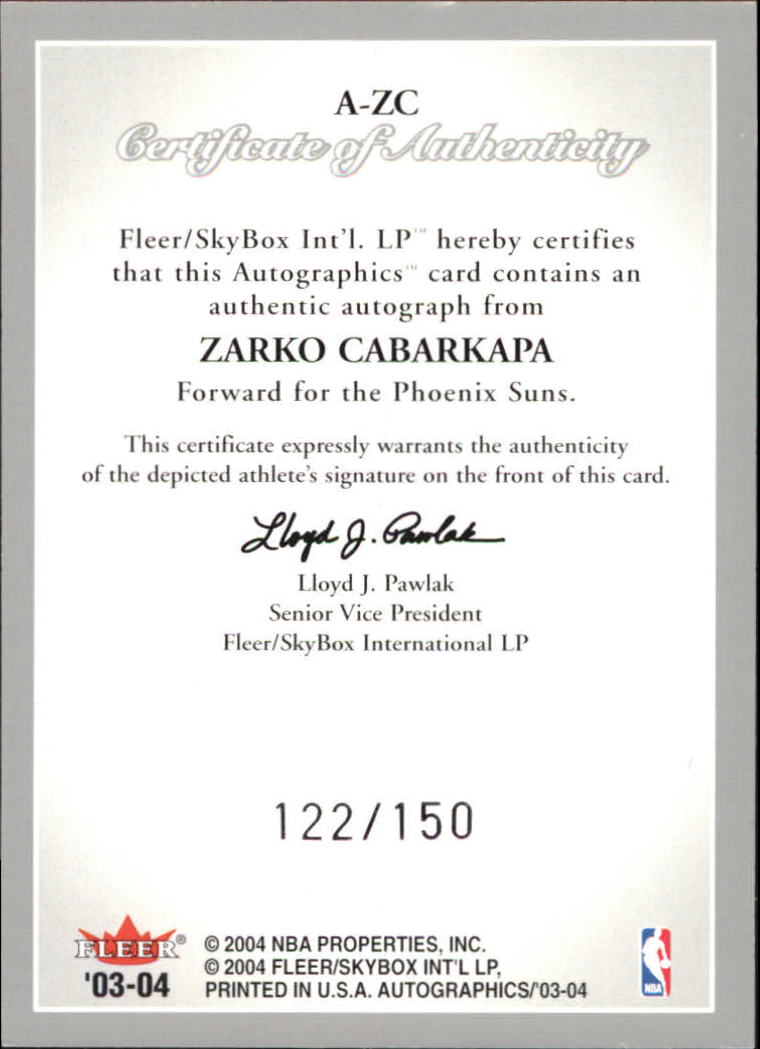 2003-04 SkyBox Autographics Autographs Silver #ZC Zarko Cabarkapa back image