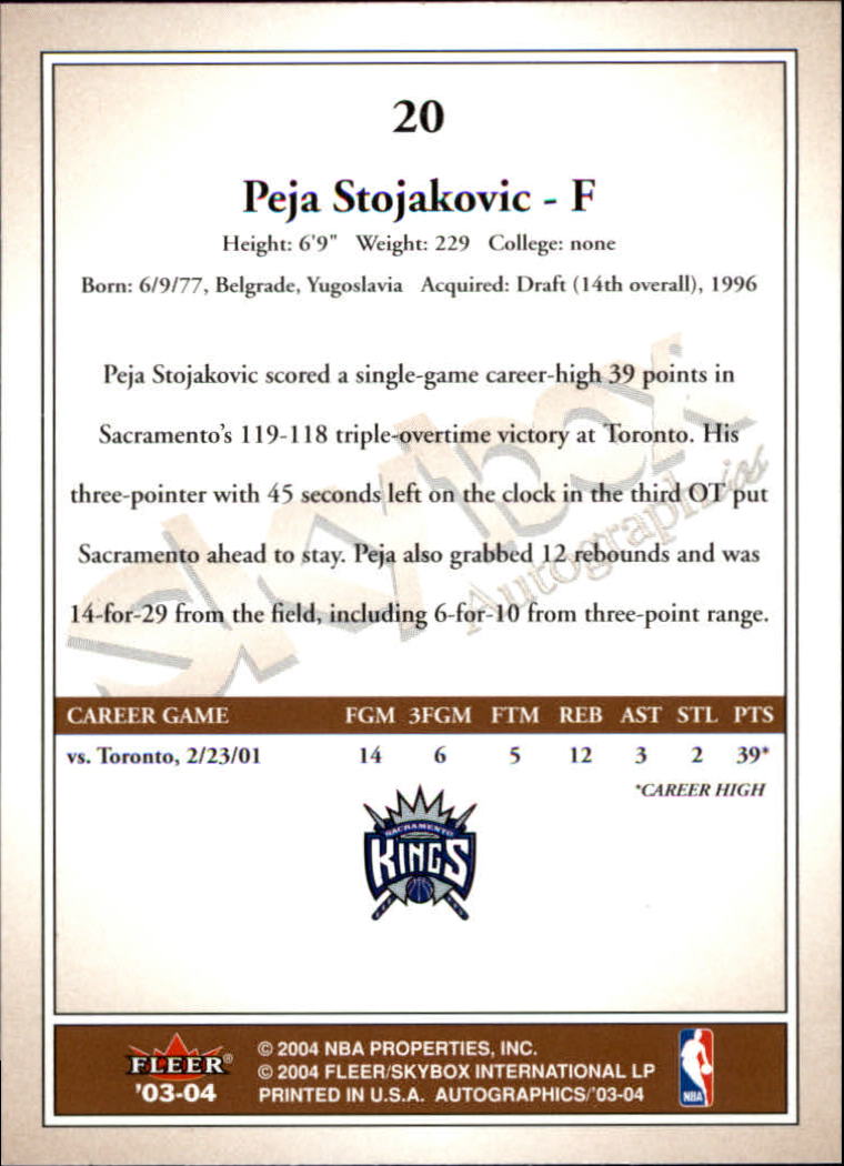 2003-04 SkyBox Autographics #20 Peja Stojakovic back image