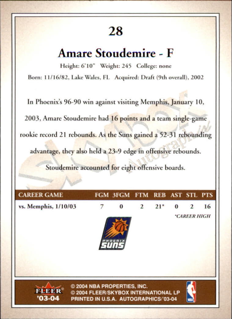 2003-04 SkyBox Autographics #28 Amare Stoudemire back image