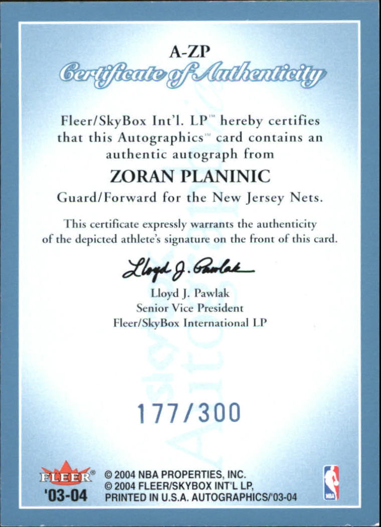 2003-04 SkyBox Autographics Autographs #ZP Zoran Planinic/300 back image