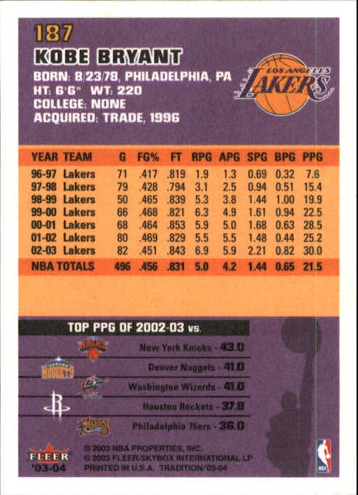 2003-04 Fleer Tradition #187 Kobe Bryant back image