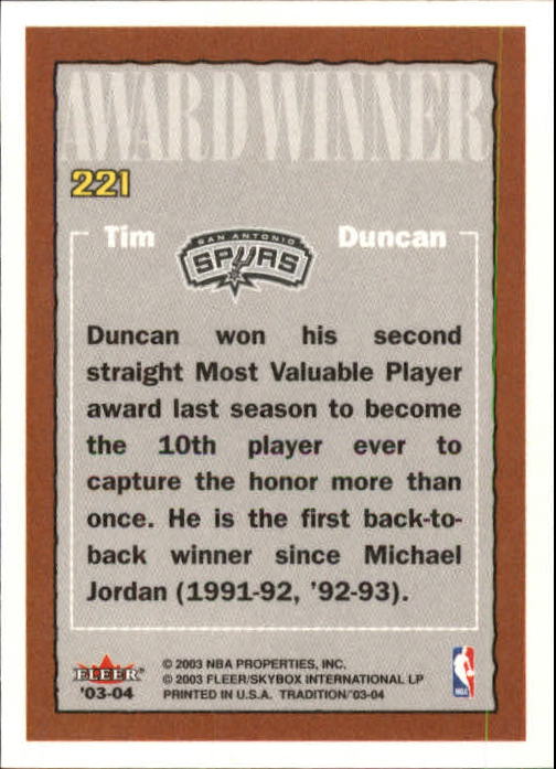 2003-04 Fleer Tradition #221 Tim Duncan AW back image