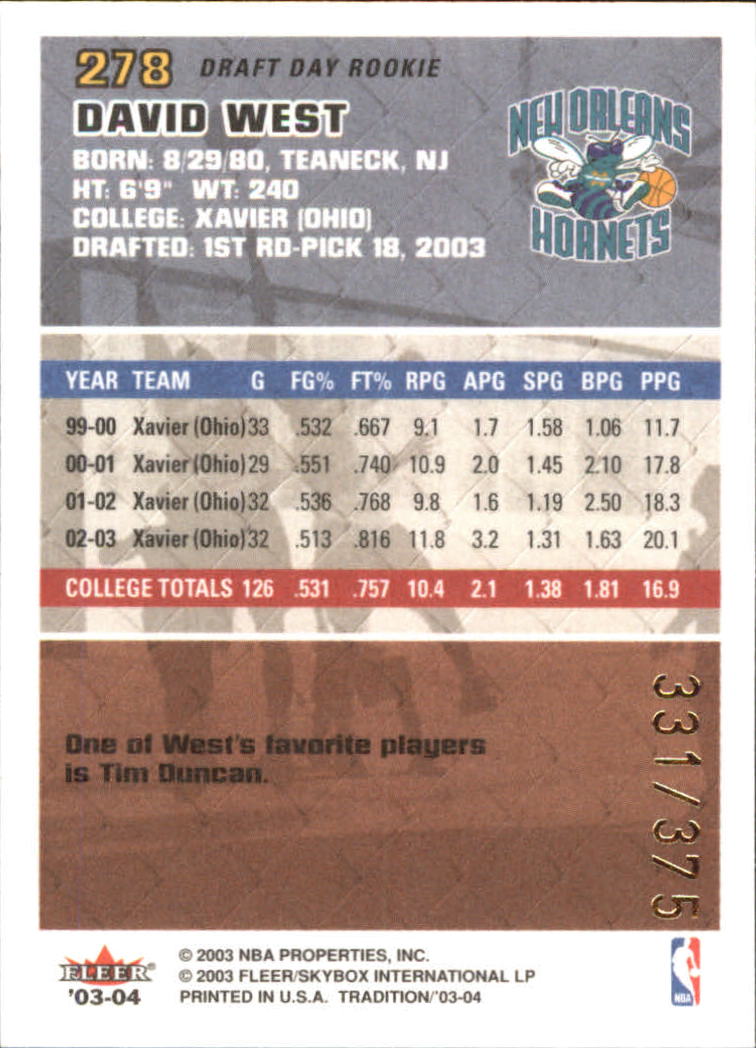 2003-04 Fleer Tradition Draft Day Rookie #278 David West back image
