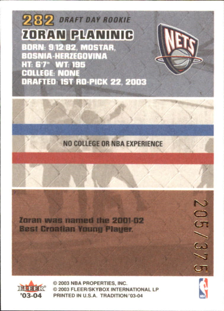 2003-04 Fleer Tradition Draft Day Rookie #282 Zoran Planinic back image