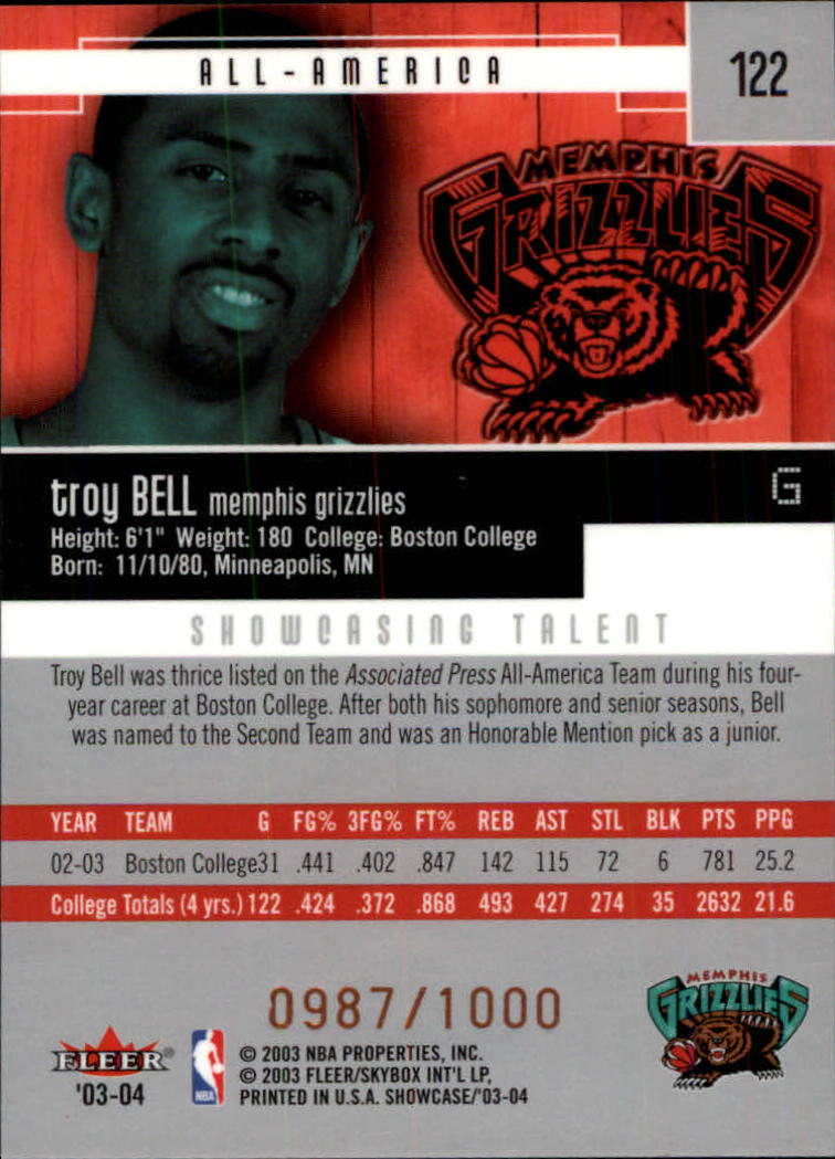 2003-04 Fleer Showcase #122 Troy Bell RC back image