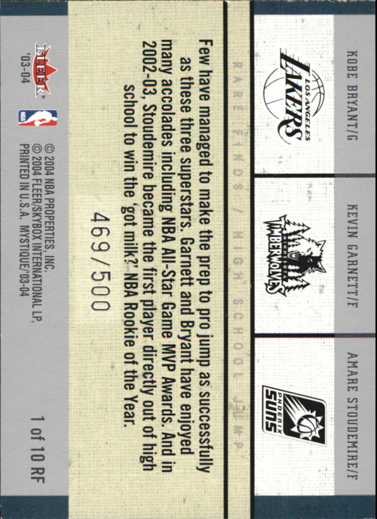 2003-04 Fleer Mystique Rare Finds #1 Kobe Bryant/Kevin Garnett/Amare Stoudemire back image