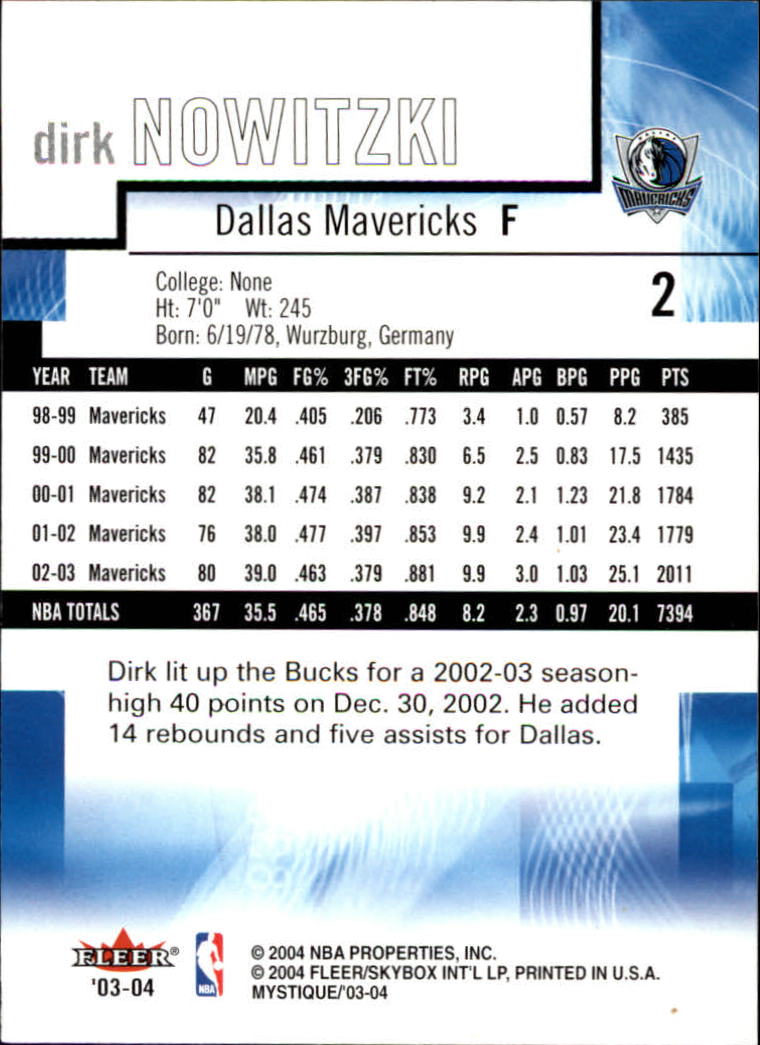 2003-04 Fleer Mystique #2 Dirk Nowitzki back image