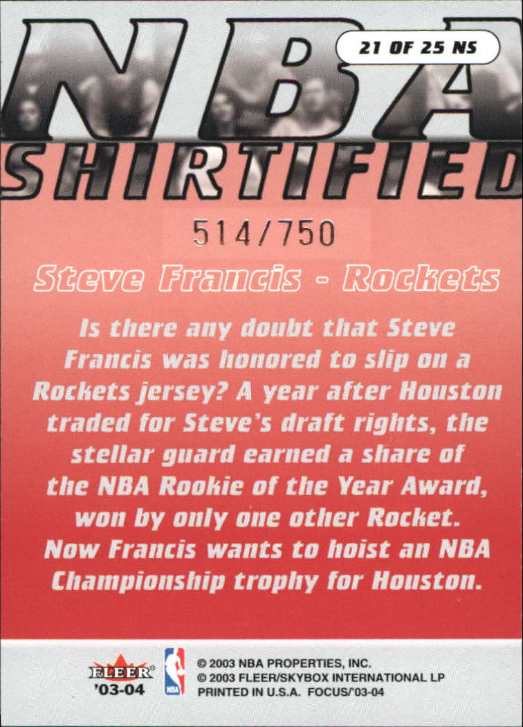 2003-04 Fleer Focus NBA Shirtified #21 Steve Francis back image