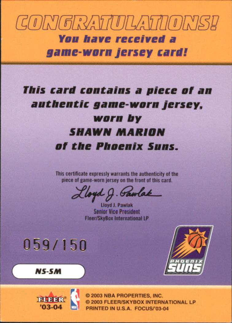 2003-04 Fleer Focus NBA Shirtified Jerseys 150 #NSSM Shawn Marion back image