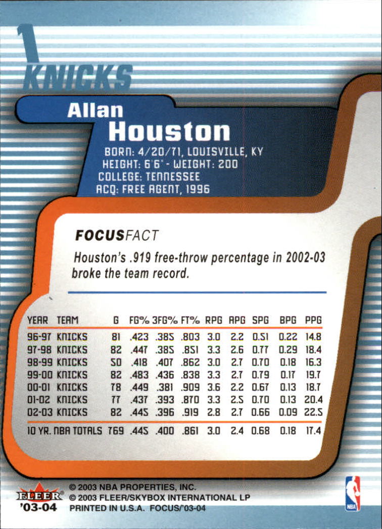 2003-04 Fleer Focus #1 Allan Houston back image