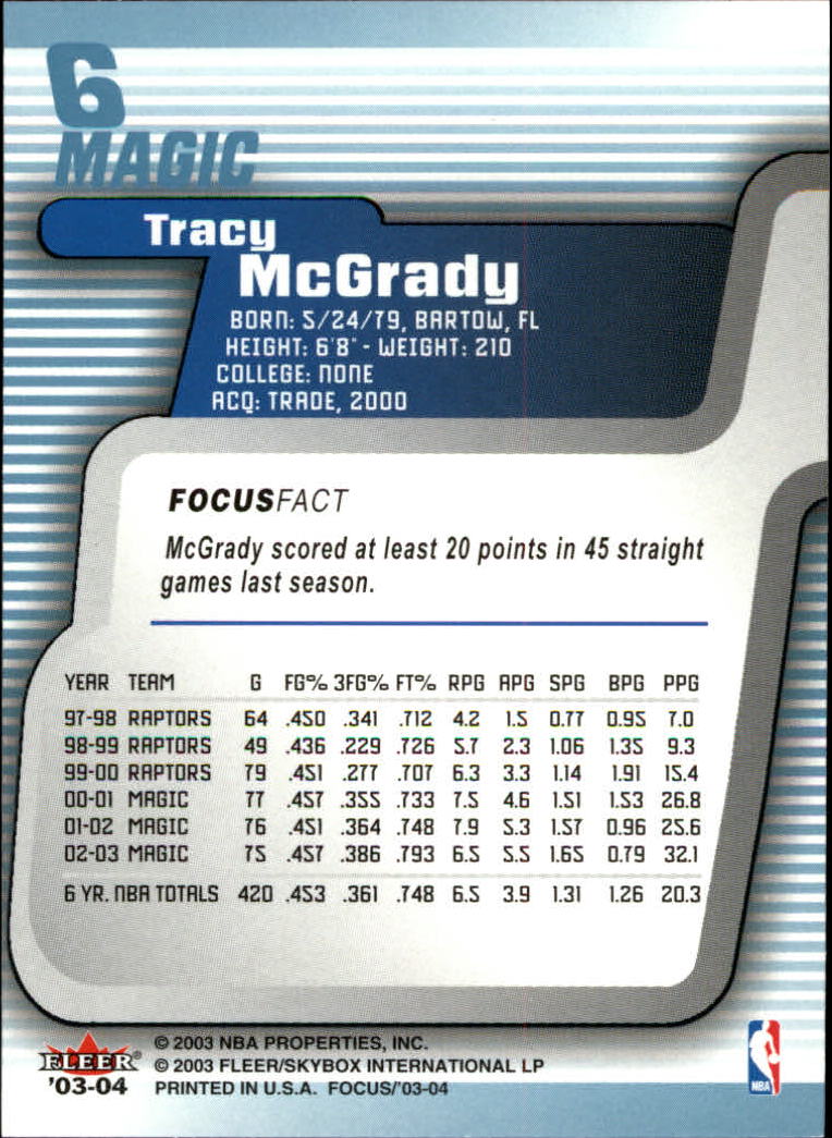 2003-04 Fleer Focus #6 Tracy McGrady back image