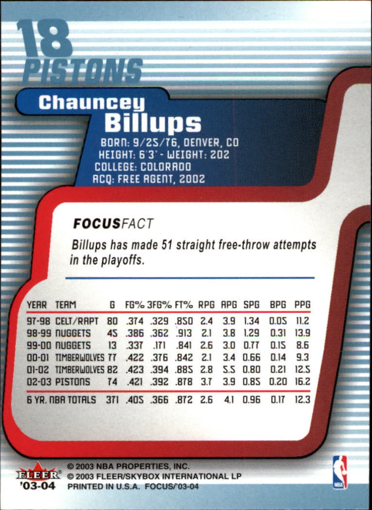 2003-04 Fleer Focus #18 Chauncey Billups back image