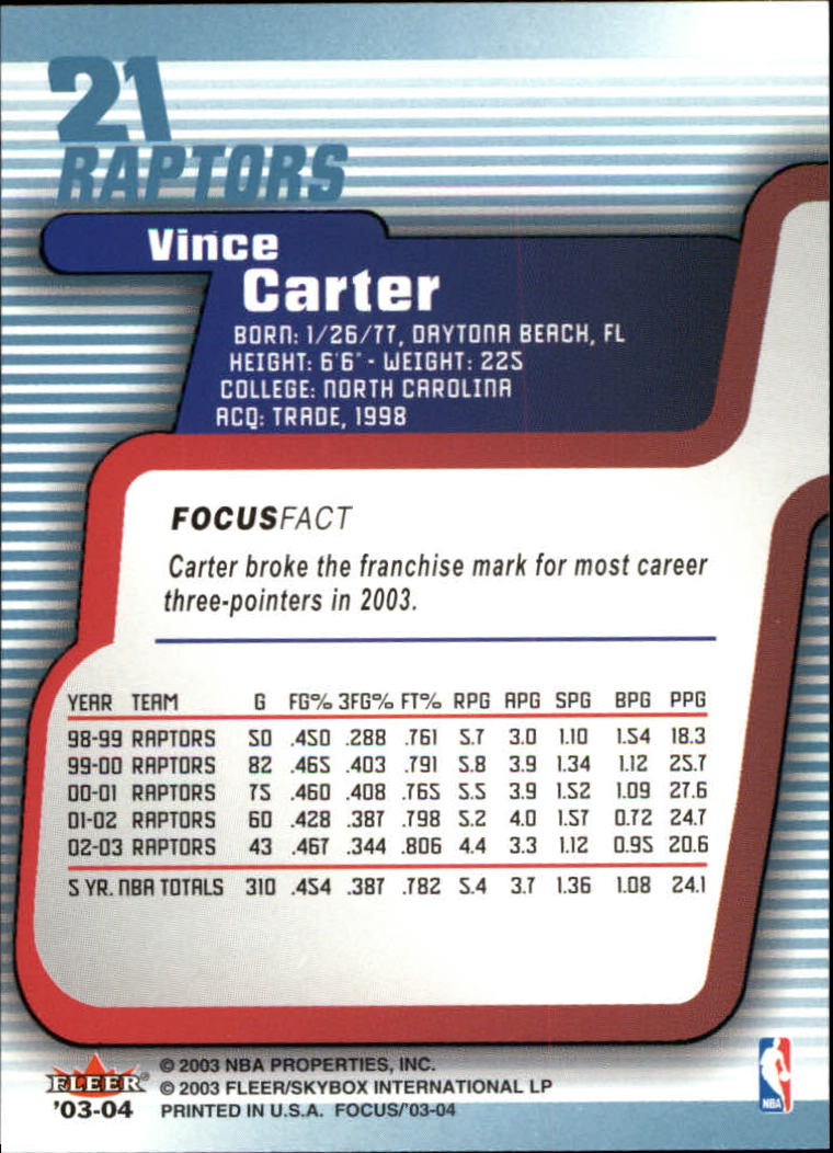 2003-04 Fleer Focus #21 Vince Carter back image