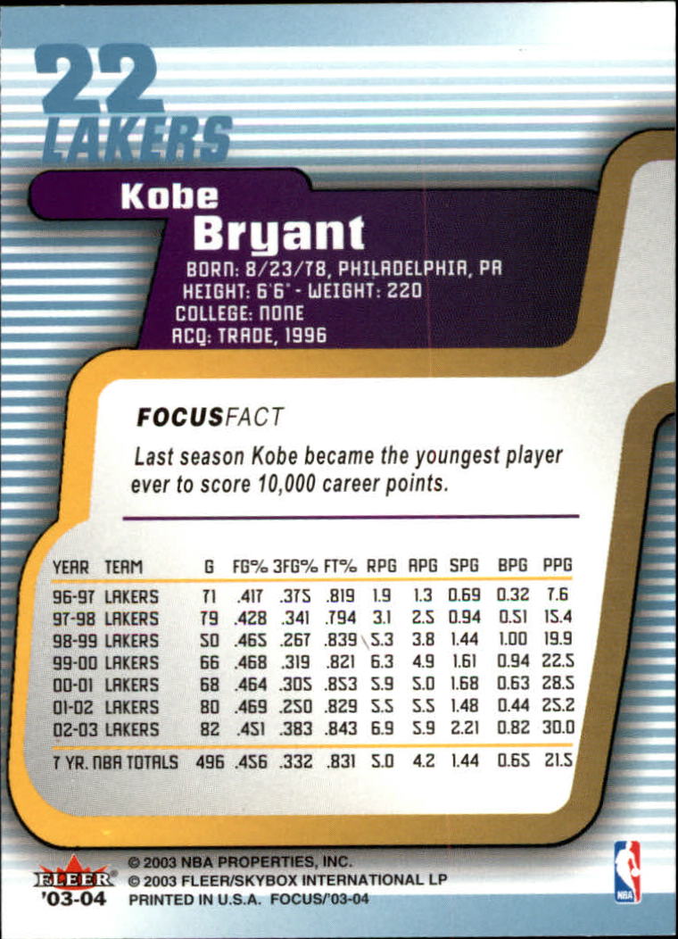 2003-04 Fleer Focus #22 Kobe Bryant back image