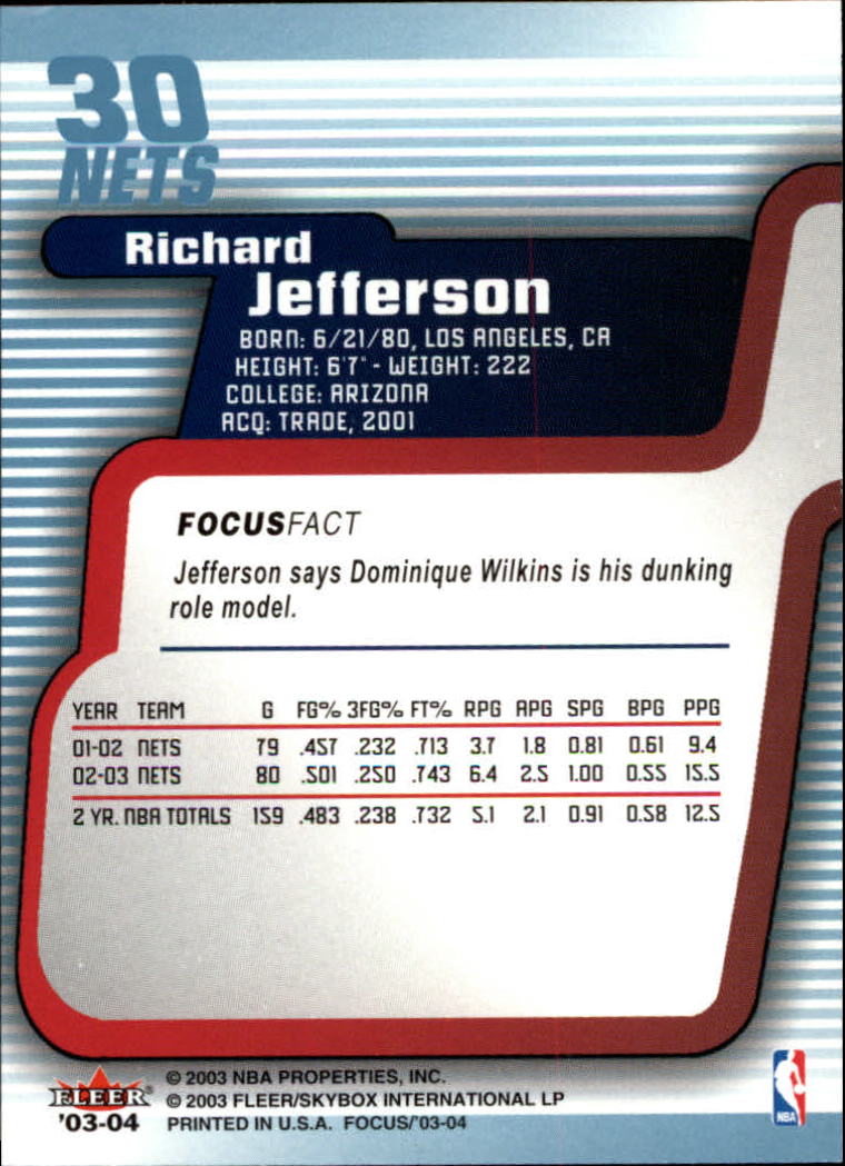 2003-04 Fleer Focus #30 Richard Jefferson back image