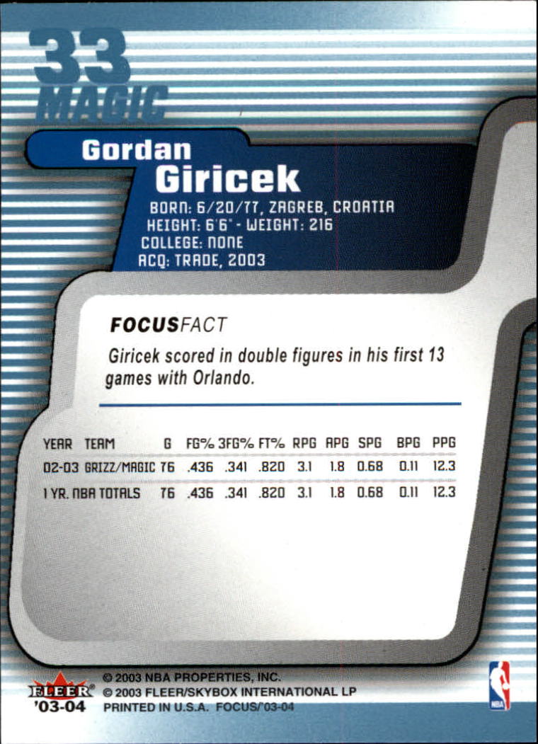 2003-04 Fleer Focus #33 Gordan Giricek back image