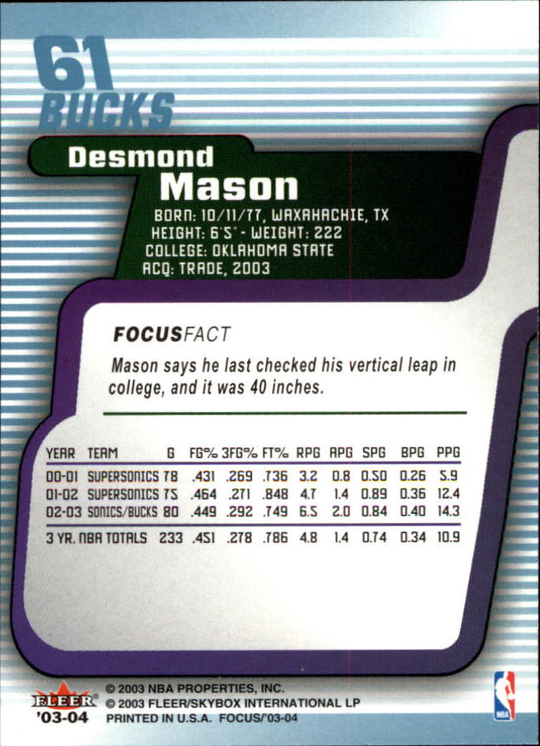 2003-04 Fleer Focus #61 Desmond Mason back image