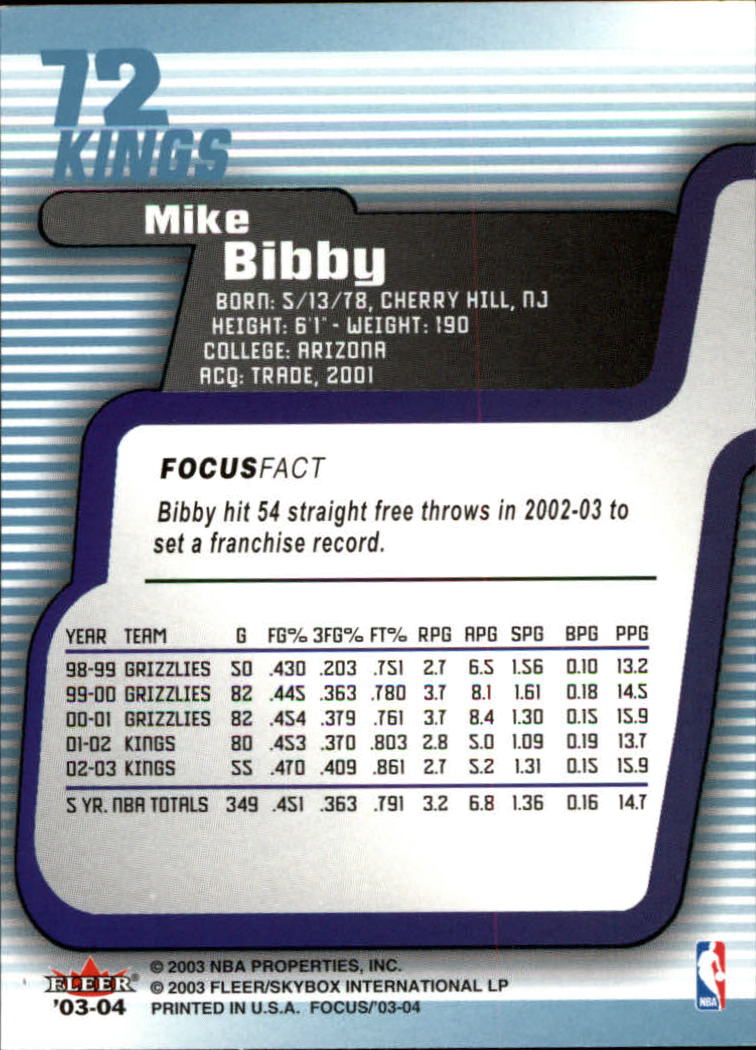 2003-04 Fleer Focus #72 Mike Bibby back image