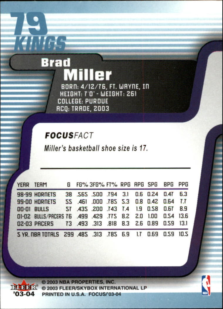 2003-04 Fleer Focus #79 Brad Miller back image