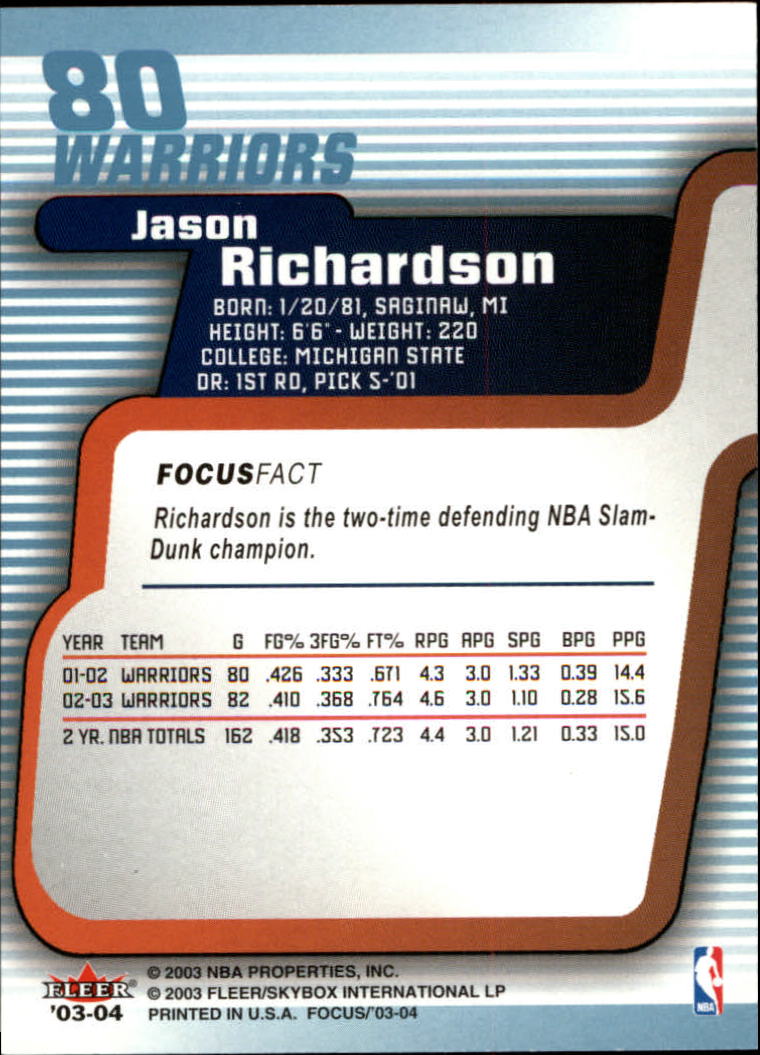 2003-04 Fleer Focus #80 Jason Richardson back image