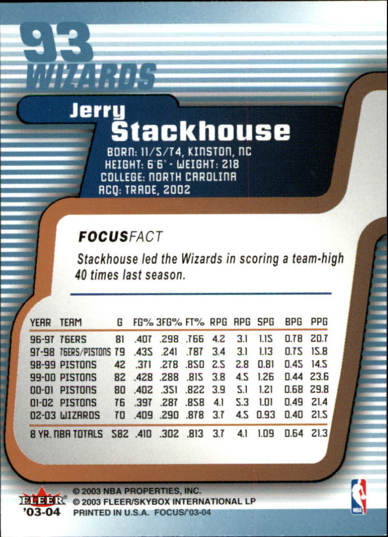2003-04 Fleer Focus #93 Jerry Stackhouse back image