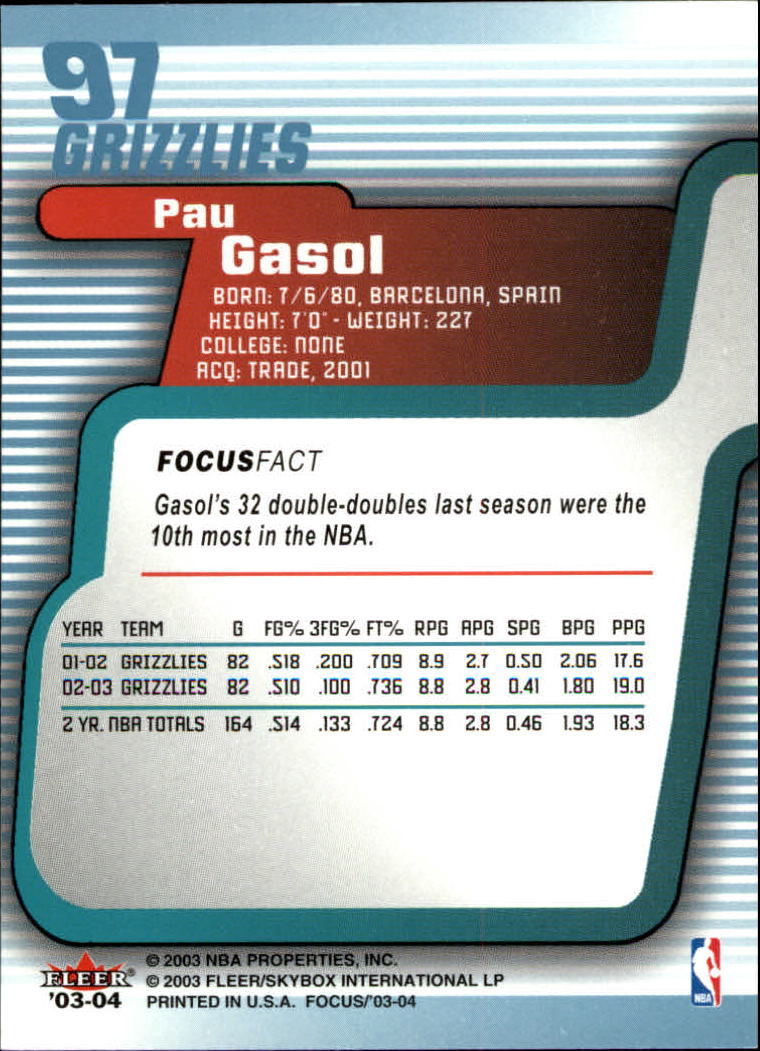 2003-04 Fleer Focus #97 Pau Gasol back image