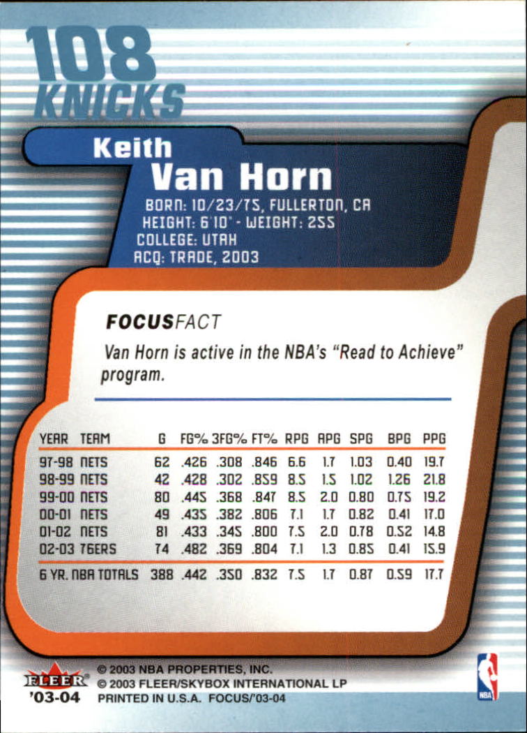 2003-04 Fleer Focus #108 Keith Van Horn back image