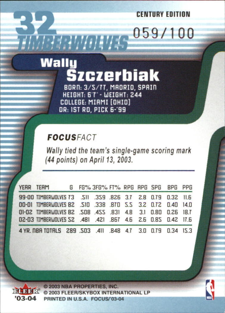 2003-04 Fleer Focus Numbers Century #32 Wally Szczerbiak back image